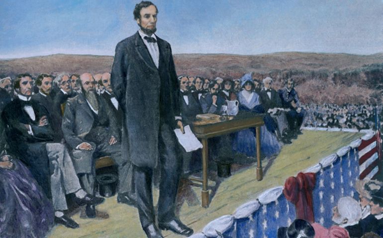 Abraham Lincoln (1809-1865) delivering the Gettysburg Address at the dedication ceremonies at the Soldiers' National cemetery.