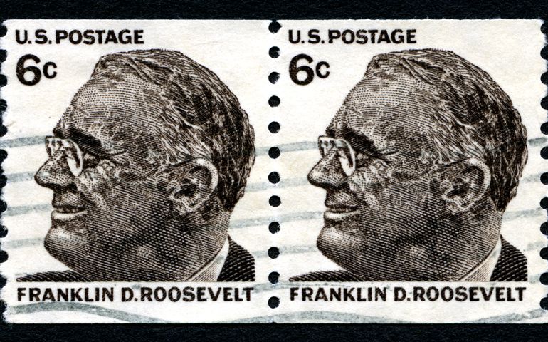 A used postage stamp from the USA depciting an illustration of Franklin D Roosevelt - the 32nd President of the United States, circa 1966.