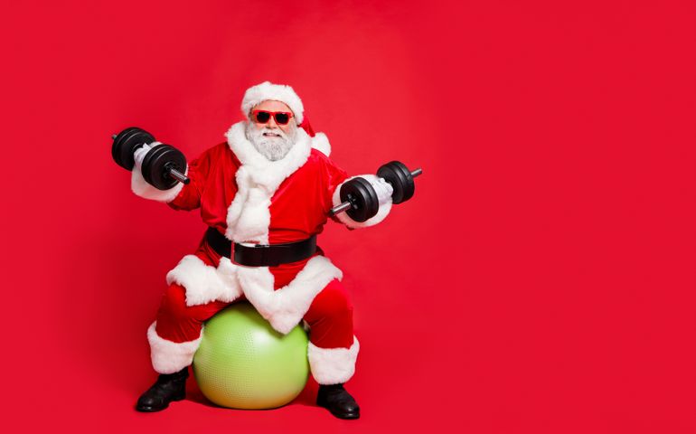Full length body size view of his he cheerful funky fat overweight plump, gray-haired bearded man sitting on ball gym making exercise isolated over bright vivid shine red background