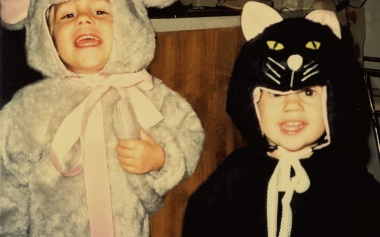 My two sons dressed for Halloween as cat and mouse in costumes that I made myself back in 1985.