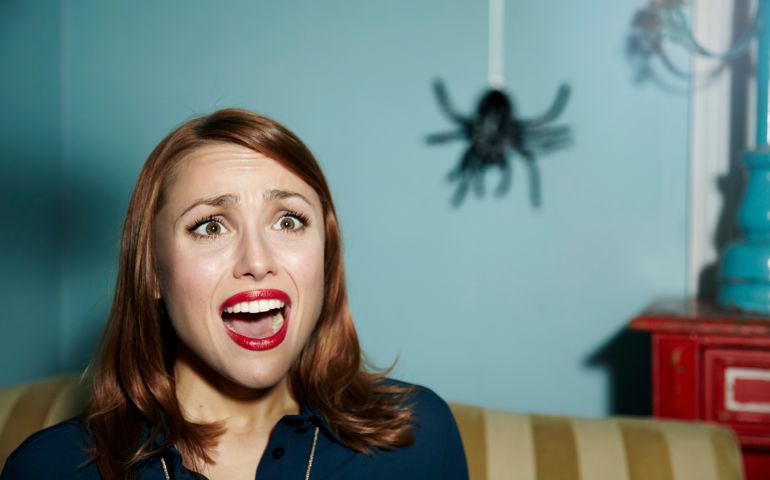 Shocked woman looking at spider.