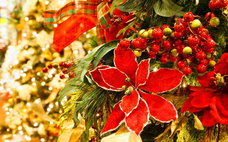 Decorated Christmas Tree With Soft Lights In Background. Selective focus.