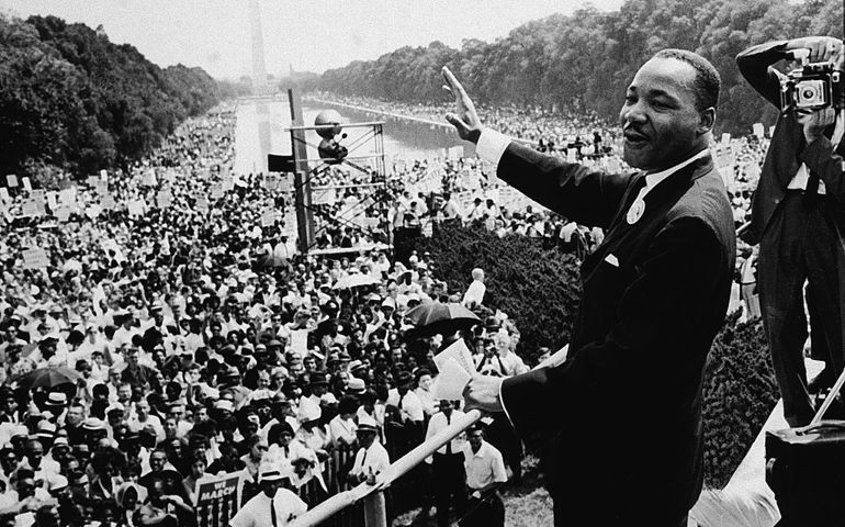 American Civil Rights leader Dr. Martin Luther King Jr. (1929-1968) addresses a crowd at the March On Washington D.C, 28th August 1963.