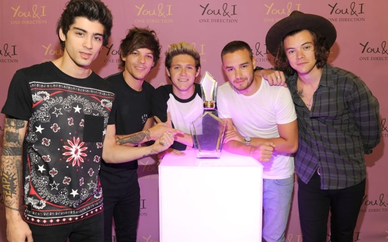 NEW YORK, NY - AUGUST 05: (Exclusive Coverage) Global pop phenomenon, One Direction, launch their new fragrance "You &amp; I" at The London NYC Hotel on August 5, 2014, ahead of it going on sale world-wide in late August.