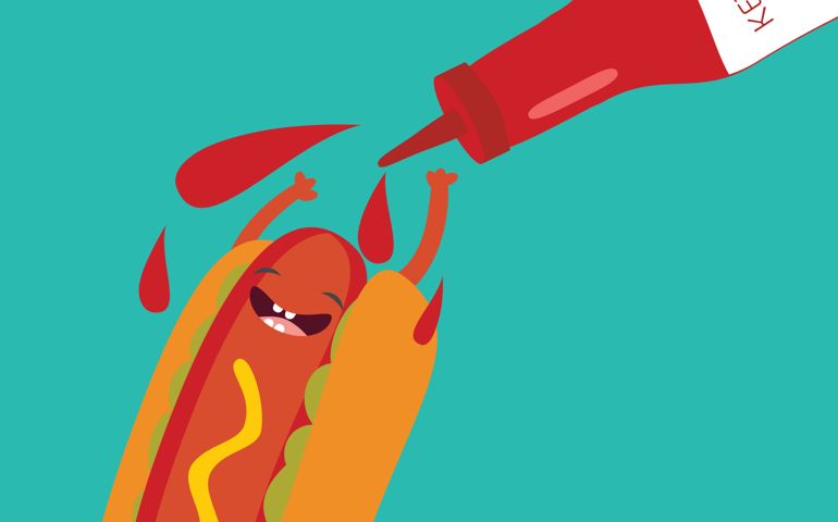 Hot dog and ketchup have fun. Vector illustration of fast food.