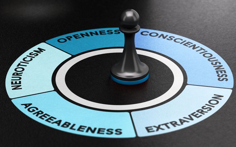 3D illustration of a pawn in the center of the big five personality traits model. Psychology Concept.