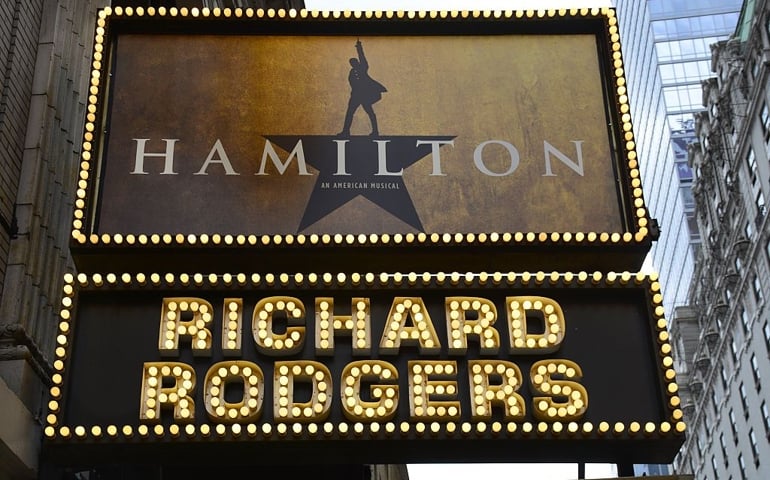 NEW YORK, NY - APRIL 27, 2015: The Richard Rodgers Theatre on 46th Street in New York City is the site of the July 13, 2015 Broadway theater premiere of the musical "Hamilton,' based on the life of American statesman and Founding Father Alexander Hamilton. The production moves to the Richard Rodgers Theatre after an acclaimed off-Broadway run. The musical was written by Lin-Manuel Miranda, who stars in the title role