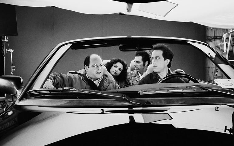 STUDIO CITY, CA - APRIL 3: (L-R) Actors Jason Alexander, Julia Louis-Dreyfus, Michael Richards, and Jerry Seinfeld on set in the final days of shooting the hit tv show "Seinfeld", April 3, 1998 in Studio City, California.