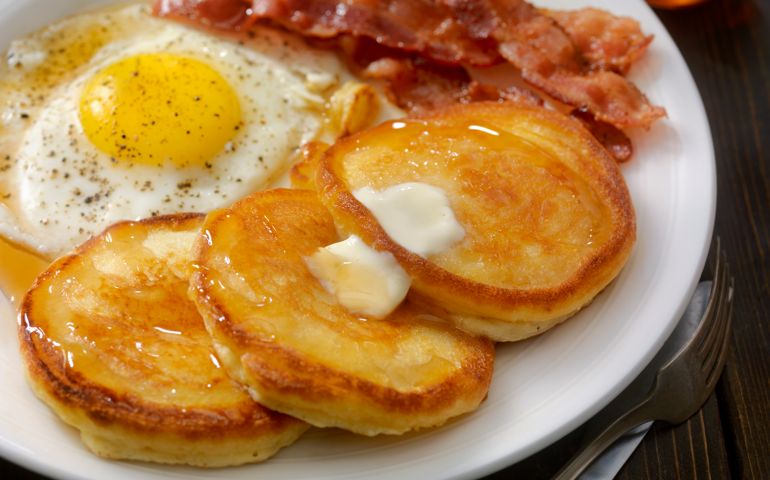Grand Slam Breakfast - Pancakes, Bacon and Eggs