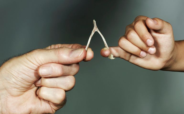 Grandfather and grandson (6-7) holding wishbone, close-up