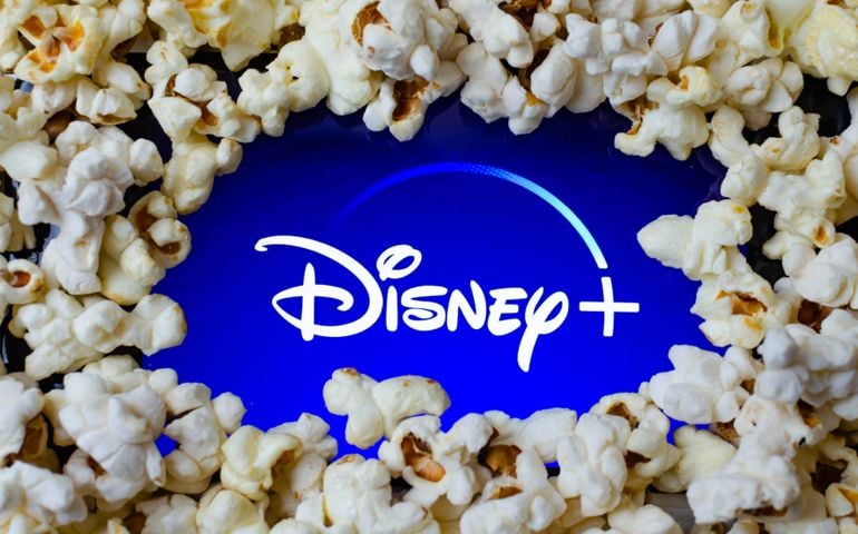 Disney+ logo on a screen covered with popcorn.