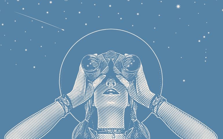 Young hipster woman with binoculars and stars