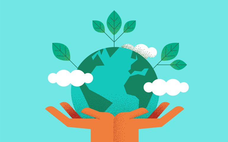 Human hands holding planet earth with green leaves for eco friendly concept. Environment care or nature help illustration.