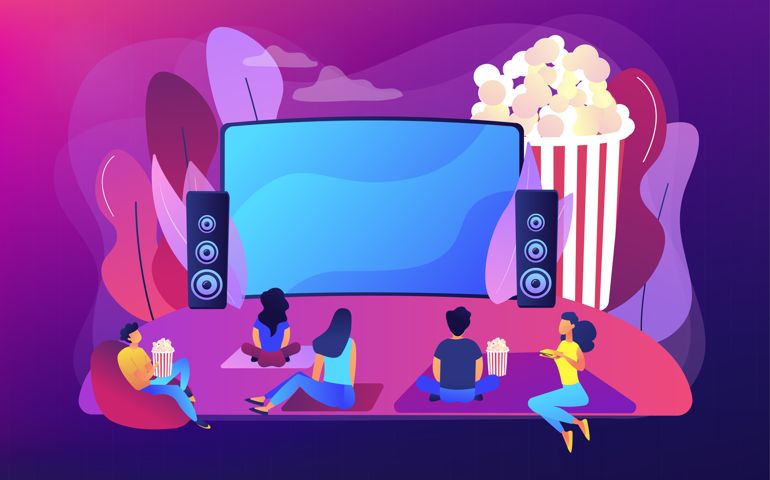 Movie night with friends. Watching film on big screen with sound system. Open air cinema, outdoor movie theater, backyard theater gear concept. Bright vibrant violet vector isolated illustration