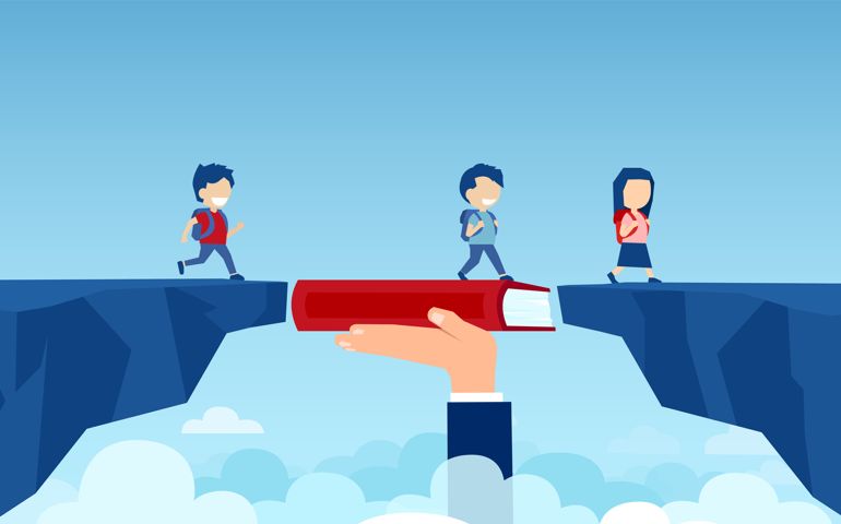 Vector of a teacher hand holding a book bridging the gap in primary education for children passing by