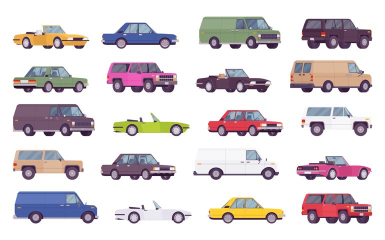 Cars big bundle set. Coupes, sedans, family trucks and hybrid vehicle collection, city transport models and country automobile. Vector flat style cartoon illustration isolated on white background