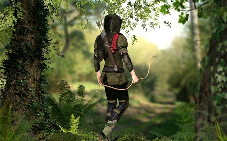 A hooded hunter with bow and arrows walks through a deep forest
