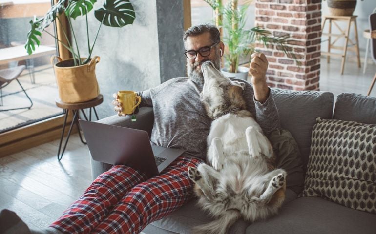Mature men home in pajama spending cozy evening during isolation period, pet dog is with him. They sitting on sofa, man working on laptop