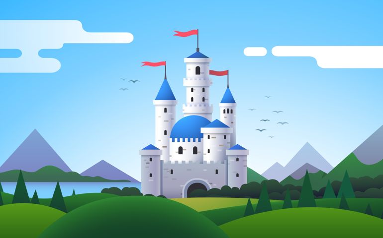 Fantasy landscape with beautiful castle, mountains, forest, meadow &amp; hills. Fantasy medieval castle with towers &amp; flags scenery. Kingdom, fairytale &amp; architecture. Flat style vector isolated illustration