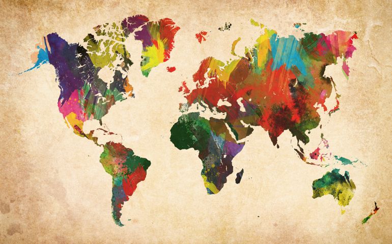 Colored world map on grunge texture.