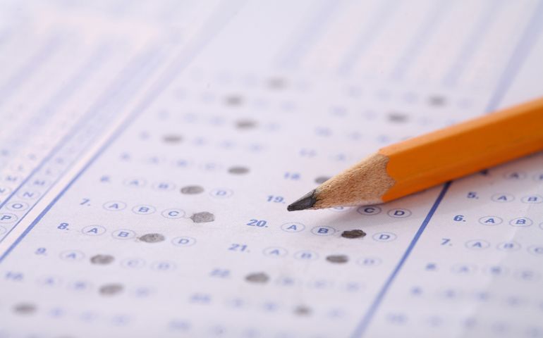 Bubble Sheet Test with Pencil, shallow focus on pencil.