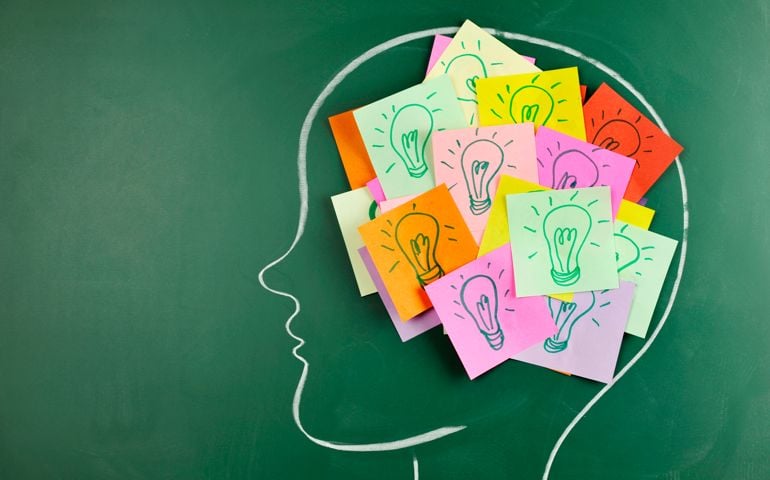 Head on chalkboard with light bulb notes inside