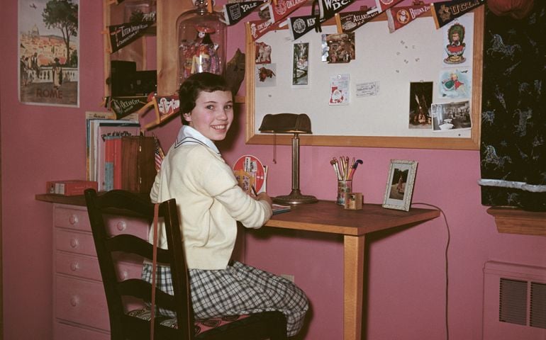 Teenage girl (13-15), sitting at desk in room, portrait