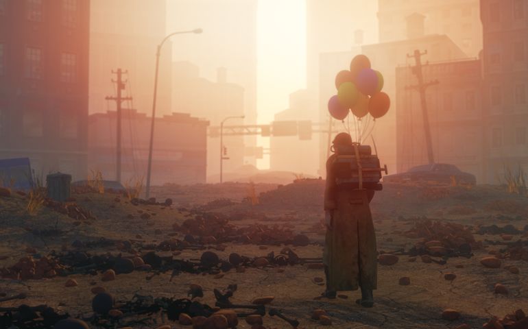 Post apocalypse ruined city with lone survivor on the street.