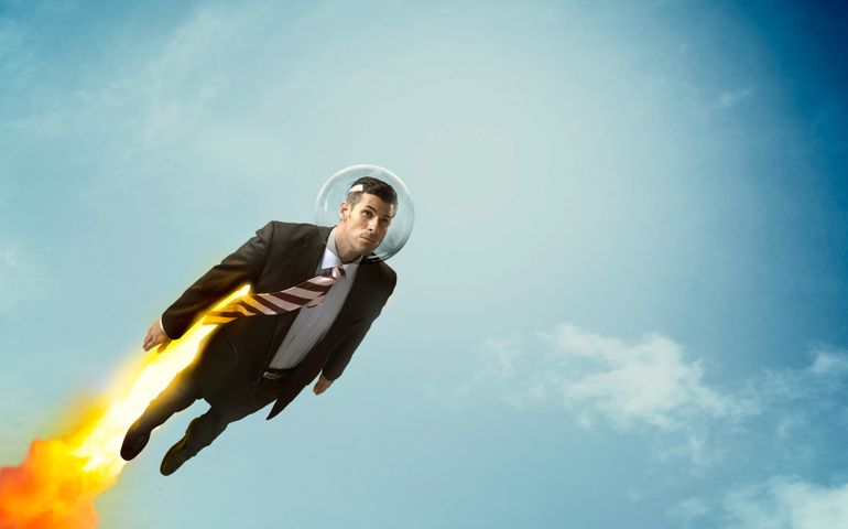 Rocket businessman flying in sky