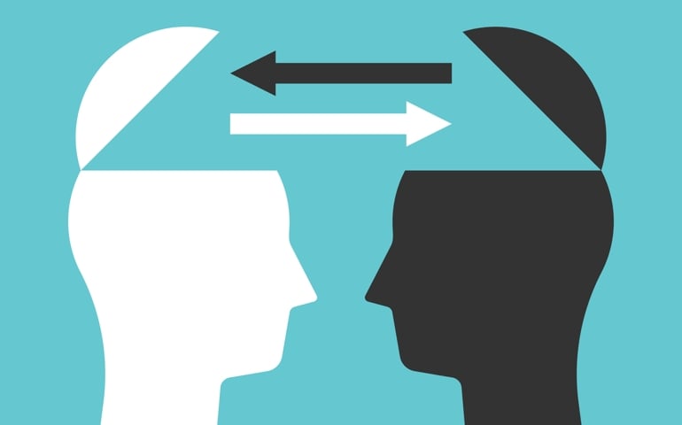 Two open heads silhouettes with arrows exchanging thoughts. Communication, idea, knowledge, teamwork and education concept. Flat design. Vector illustration, no transparency, no gradients