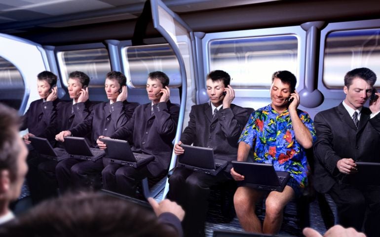 Executive in Hawaiian shirt amongst commuters