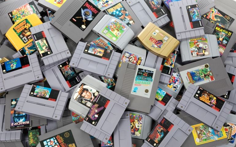 A studio shot of a pile of different Nintendo games shot from above.