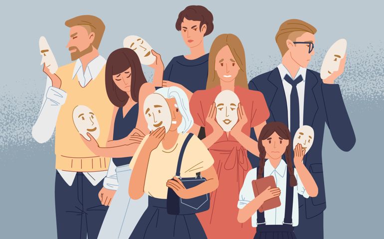 Group of people covering their faces with masks expressing positive emotions