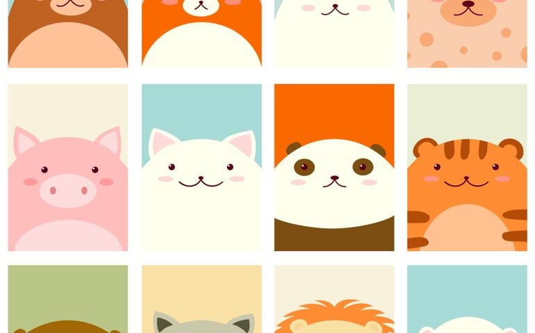 Bear, fox, rabbit, dog, pig, cat, panda, tiger, beaver, raccoon, lion, polar bear