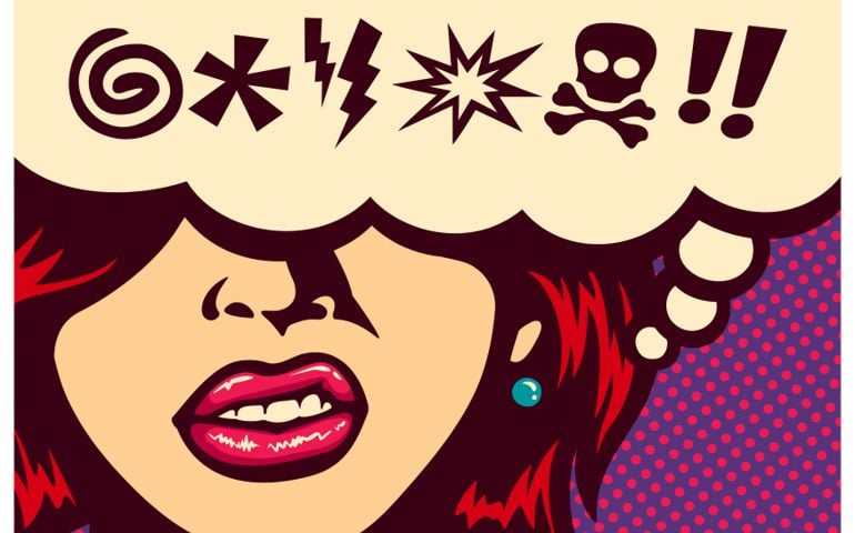 Pop art style comics panel angry woman grinding teeth with speech bubble and swear words