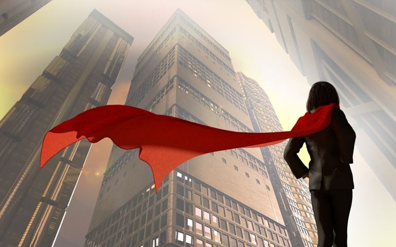 Illustration of business woman dressed in a suit with a Cape superhero on a background the sky on the background of skyscrapers of the city