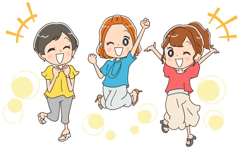 The jumping young women group is having fun