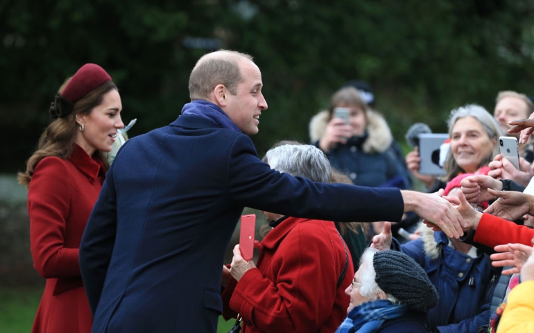 Catherine, Duchess of Cambridge and Prince William, Duke of Cambridge greet well wishers as she attend Christmas Day Church service at Church of St Mary Magdalene on the Sandringham estate on December 25, 2018 in King's Lynn, England.