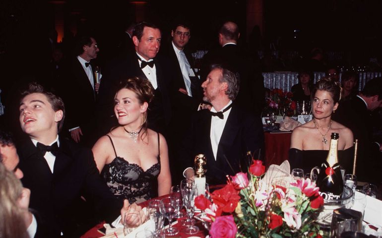 Leonardo DiCaprio, Kate Winslet, James Cameron and his wife, Linda Hamilton at the Golden Globe Awards held at the Beverly Hilton.