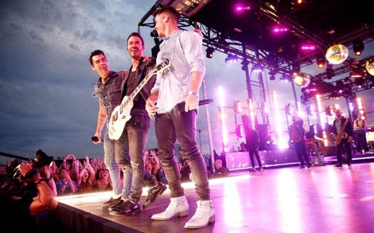 Joe Jonas, Kevin Jonas and Nick Jonas of The Jonas Brothers perform at The Stone Pony in Asbury Park, NJ as part of the 2019 MTV VMAs on August 25, 2019 in Asbury Park, New Jersey.