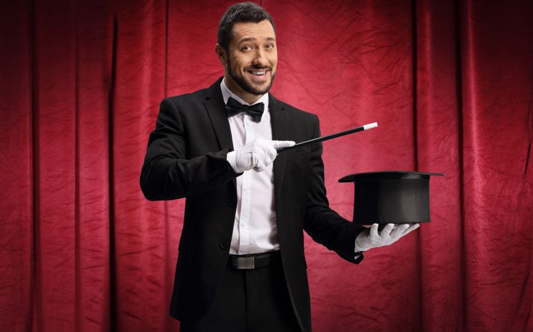 Magician with a wand and a hat performing on a stage