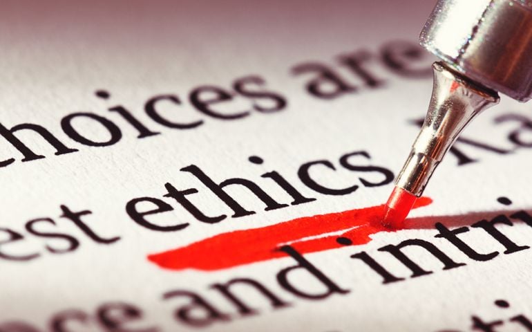 A highlighter underlines the word 'ethics' heavily in a business document or textbook. Morality IS important.