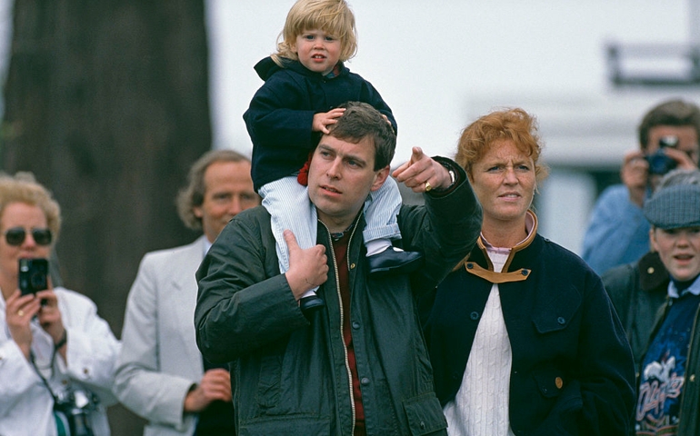 Prince Andrew, Duke of York and Sarah Ferguson, Duchess of York with their daughter Princess Beatrice of York at the Royal Windsor Horse Show, 12th May 1990.