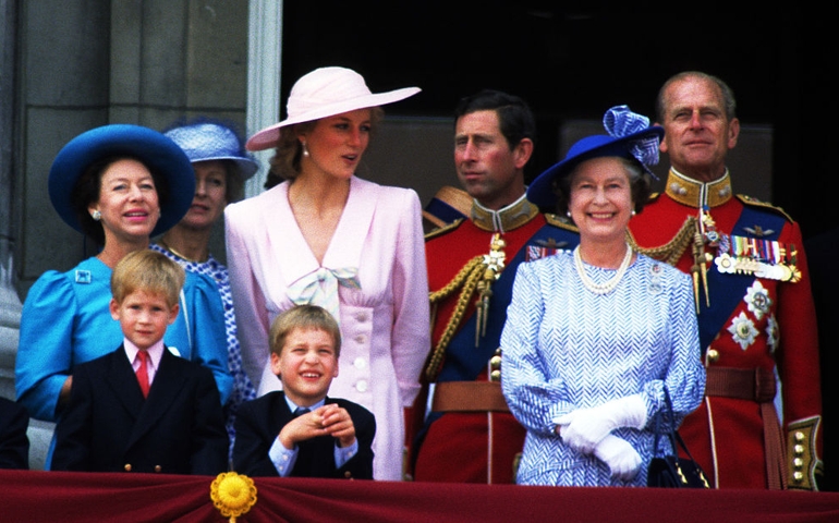 Princess Margaret, Prince Harry, Princess Alexandra, Prince William, Diana, Princess of Wales, Prince Charles, Prince of Wales, Queen Elizabeth ll and Prince Philip, Duke of Edinburgh stand on the balcony of Buckingham Palace following the Trooping the Colour Ceremony on June 17, 1989 in London, England.
