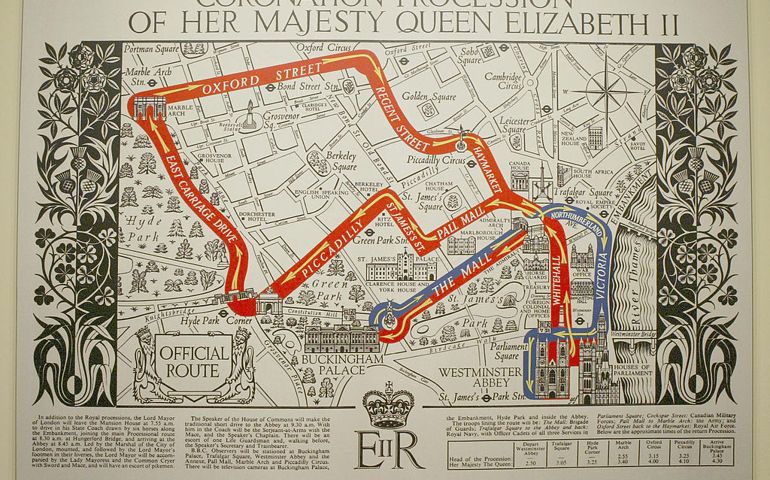 A map of the coronation procession of Queen Elizabeth II is seen at the Ceremony and Celebration: Coronation Day 1953 exhibition at the Summer Opening of the State Rooms at Buckingham Palace July 31, 2003 in London.