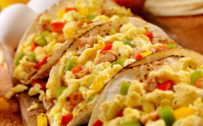 Soft Breakfast Taco with Scrambled Eggs, Sausage,Peppers and Cheddar Cheese - Photographed on Hasselblad H3D2-39mb Camera