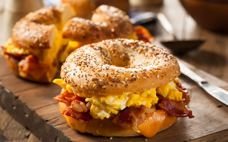 Hearty Breakfast Sandwich on a Bagel with Egg Bacon and Cheese