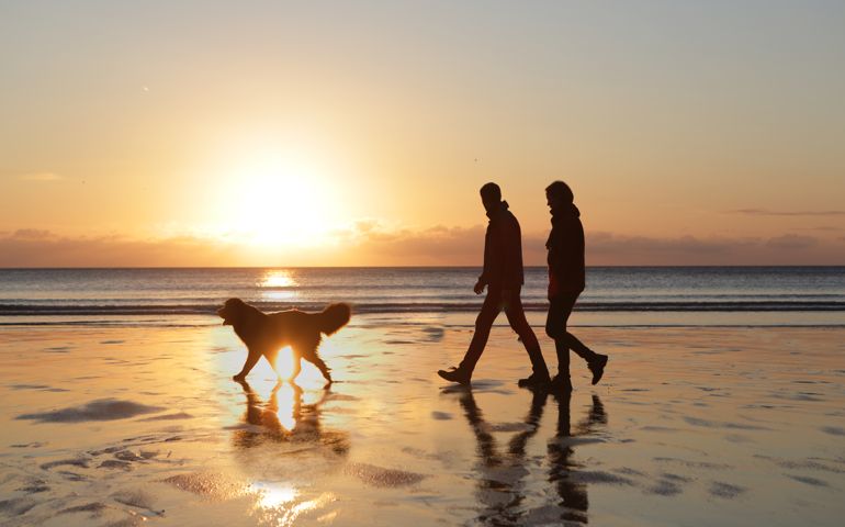 Couple walking do on beach at sunset