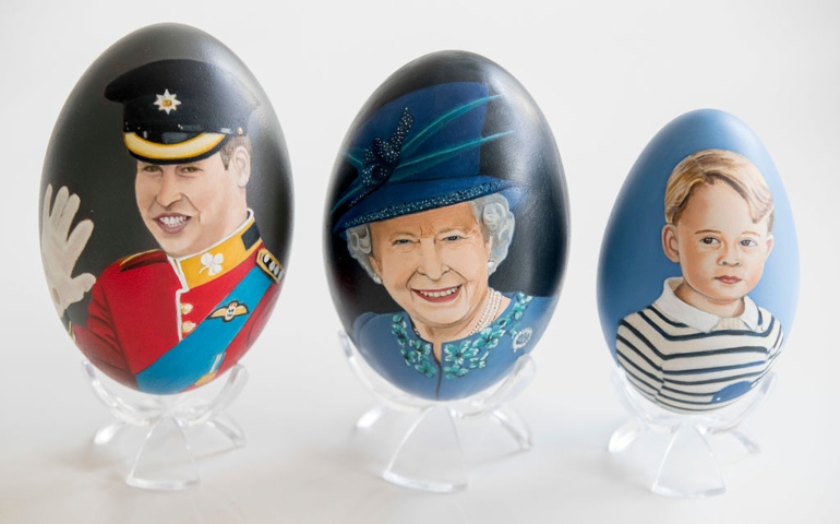 Portraits Prince William, Queen Elizabeth and Prince George on an hand-painted egg by Dutch artist Tiety Entjes-Weij on March 6, 2017 in Roelofarendsveen, Netherlands.