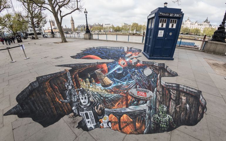 To celebrate the new series of 'Doctor Who' which returns to BBC One on Saturday April 15 the TARDIS and a huge 3D pavement painting artwork by 3D Joe &amp; Max depicting an alien landscape are displayed on the Southbank on April 12, 2017 in London, United Kingdom.